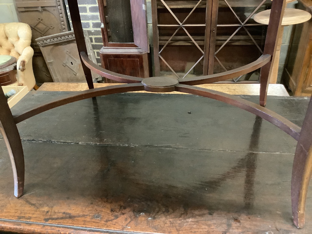 An Edwardian inlaid mahogany two tier etagere, width 89cm